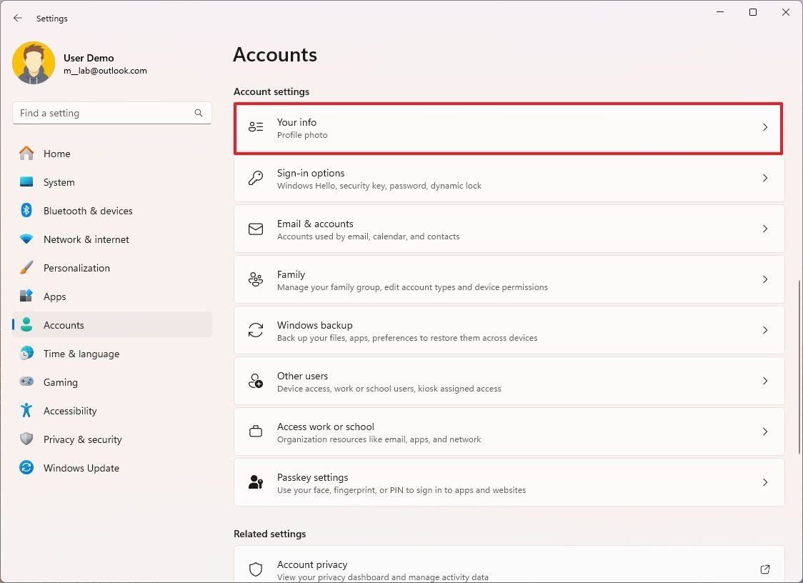 Windows 11 Accounts settings