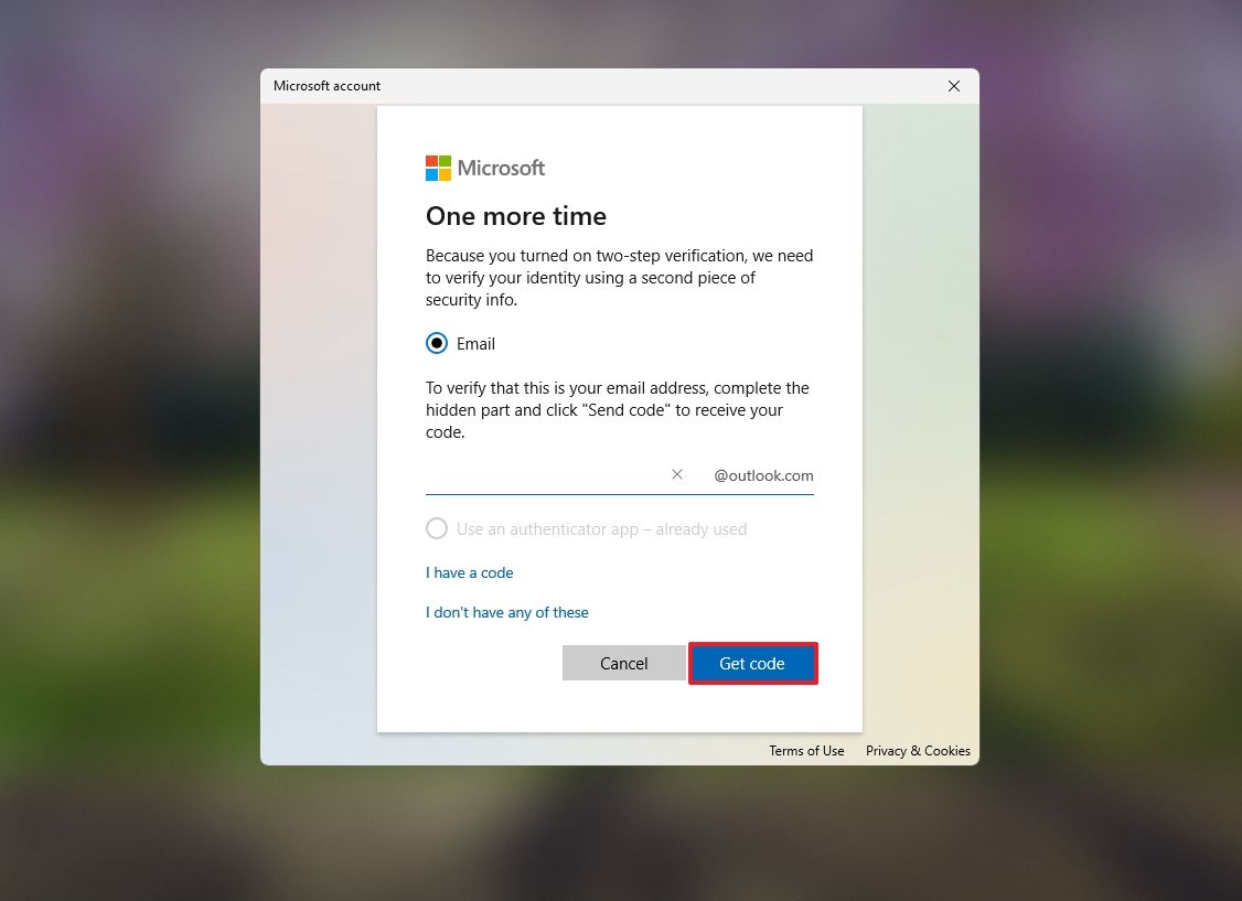 Microsoft account get code