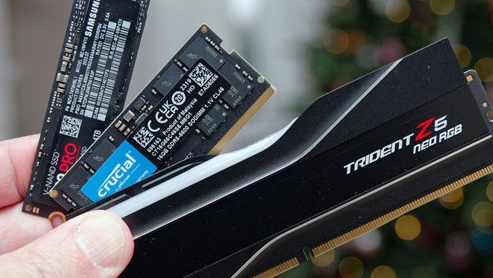 Holding an SSD and two RAM modules.