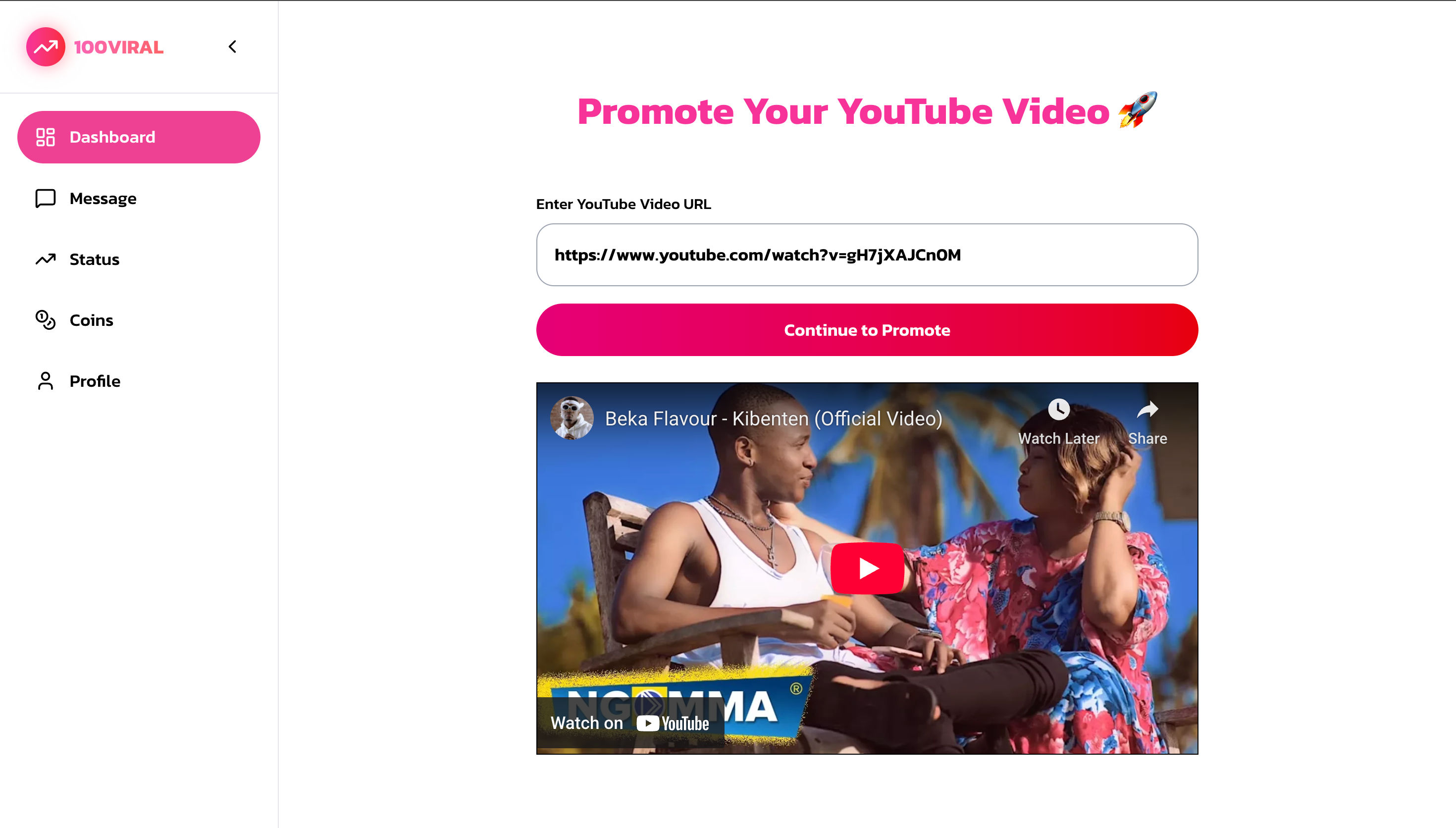 100Viral platform dashboard showing YouTube video promotion features and analytics