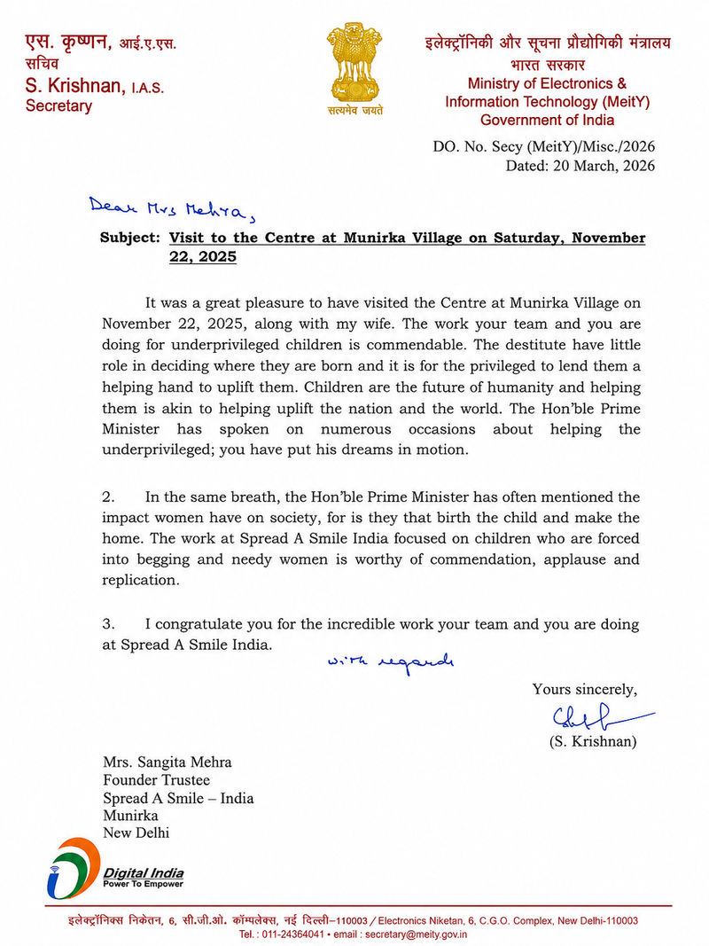 Letter of Appreciation from Shri S. Krishnan, IAS