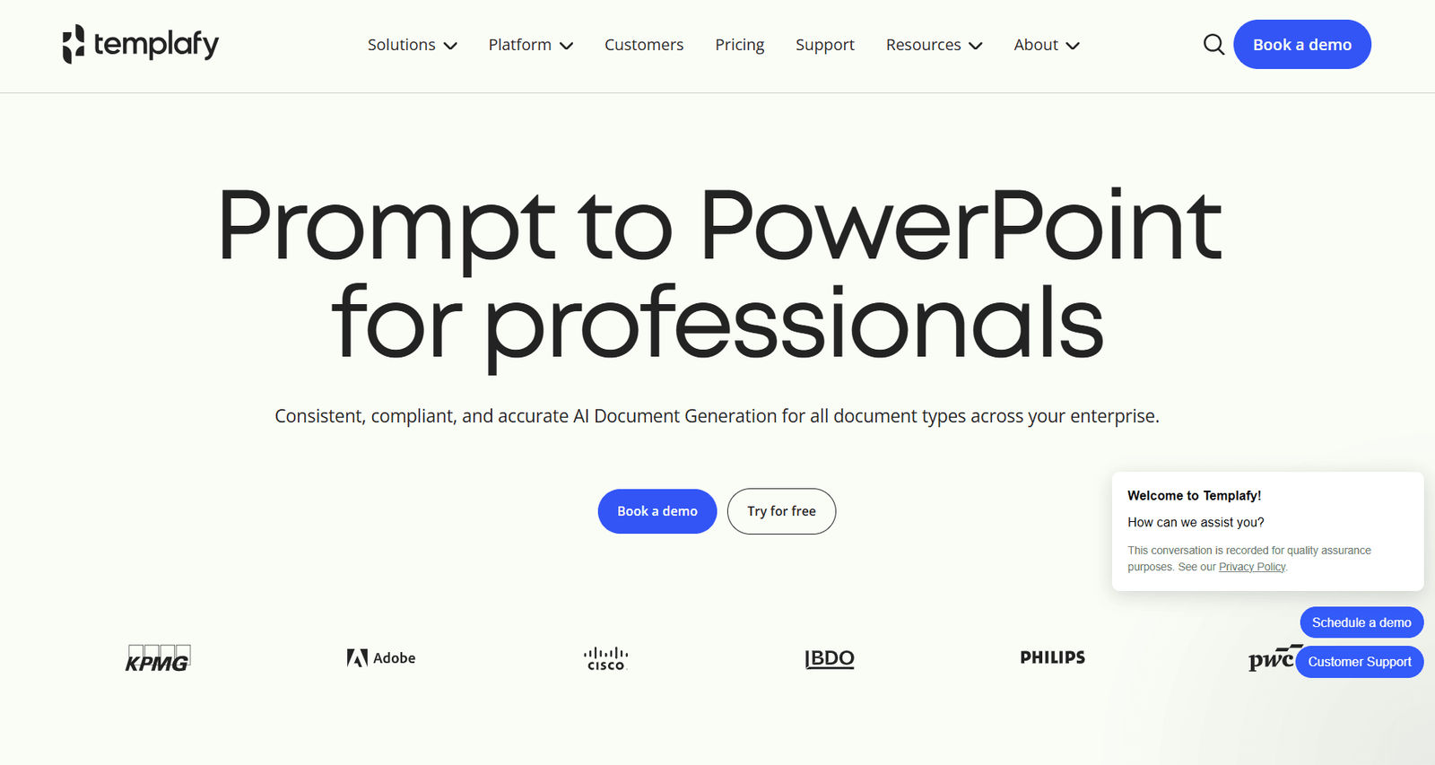 Homepage screenshot of Templafy featuring the headline “Prompt to PowerPoint for professionals,” with demo and free trial buttons and enterprise customer logos below.