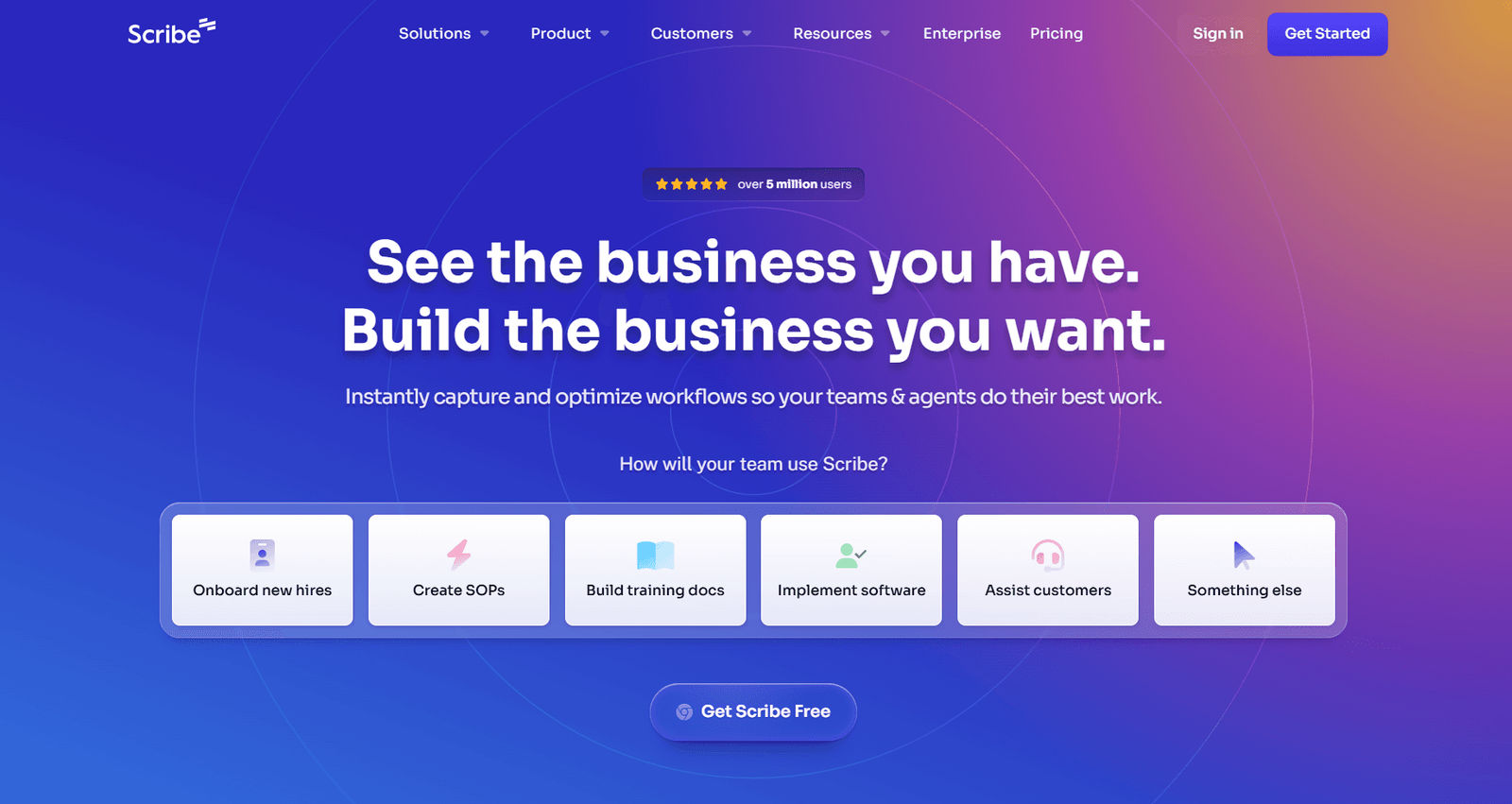 Homepage screenshot of Scribe featuring the headline “See the business you have. Build the business you want.” with workflow use-case cards and a “Get Scribe Free” button.