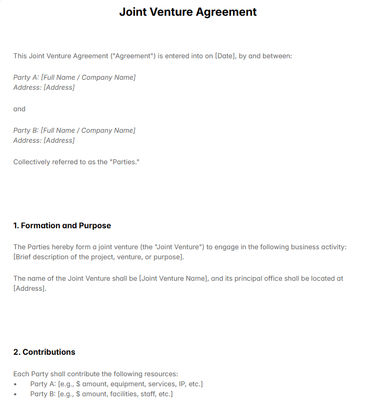 Joint Venture Agreement Template