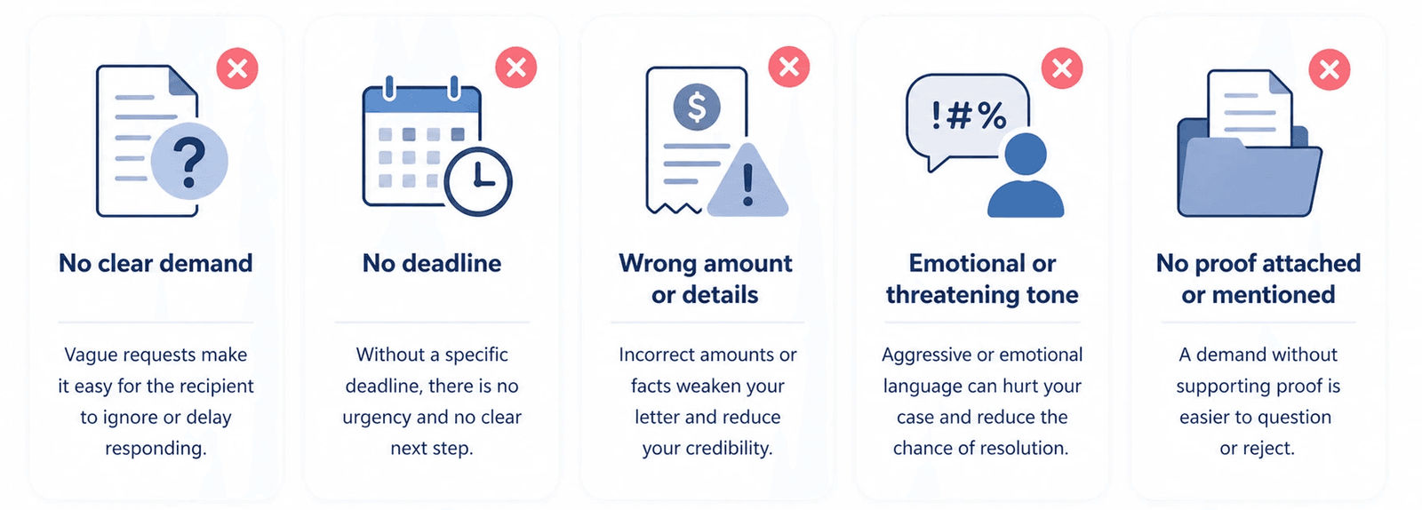 Avoid demand letter mistakes: clear demand, firm deadline, correct amount, professional tone, and proof attached.