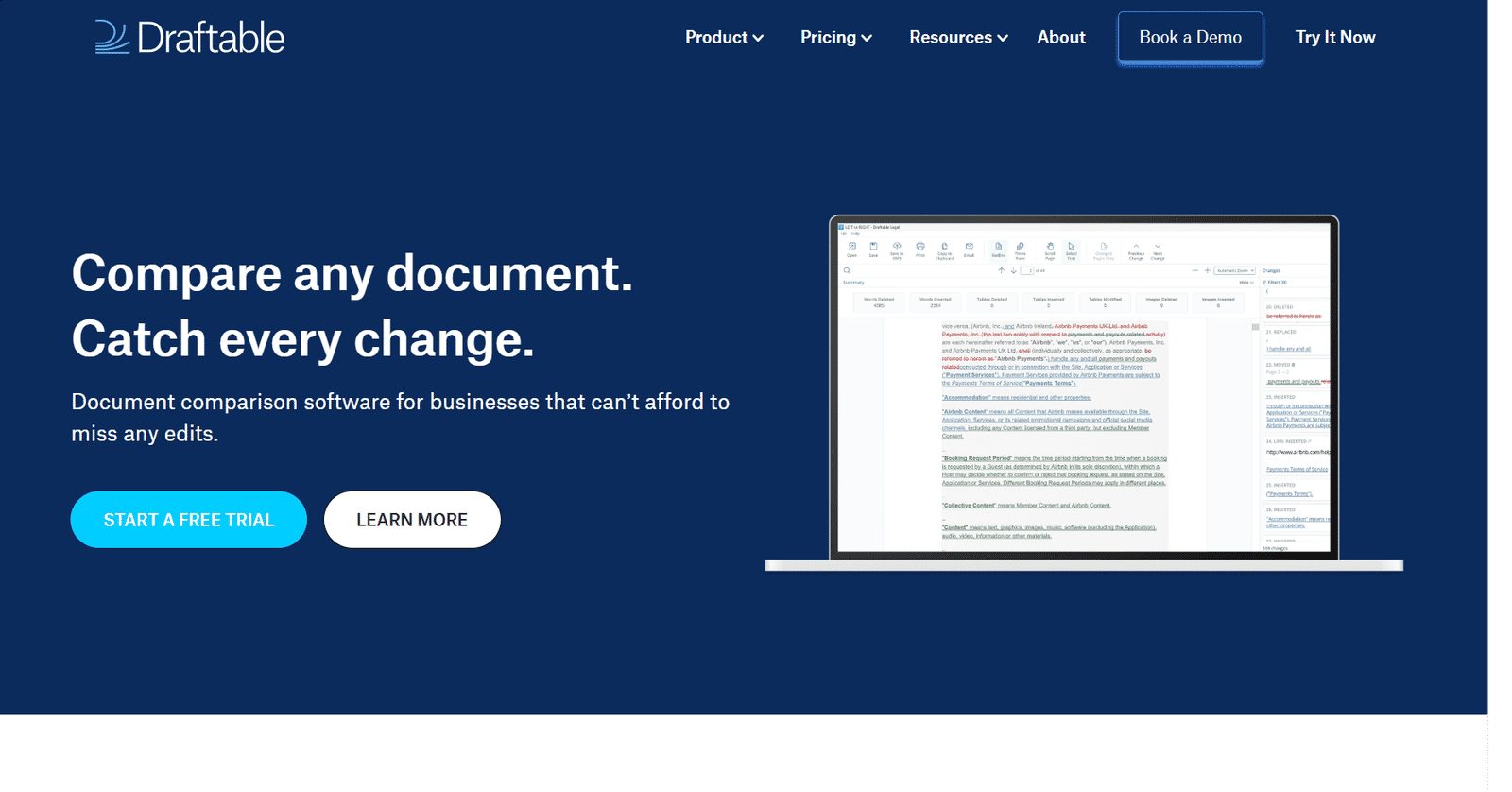 Draftable homepage featuring the headline “Compare any document. Catch every change.” with free trial and learn more buttons alongside a document comparison interface on a laptop screen.