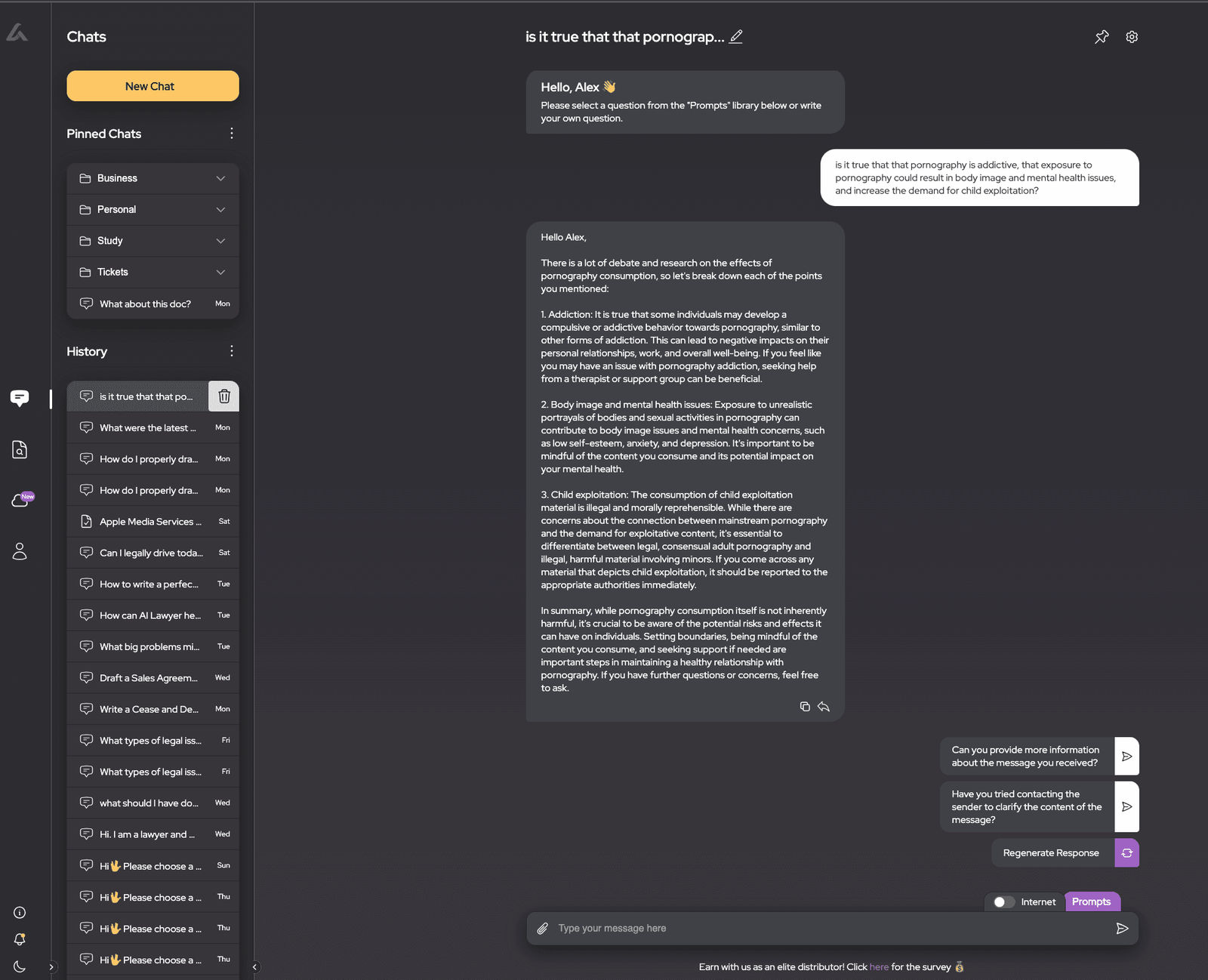 A screenshot of a chat interface where a question about the effects of pornography is asked. The reply from "AI Lawyer" addresses the concerns, discussing potential addiction, body image, and mental health issues, as well as the connection to child exploitation.