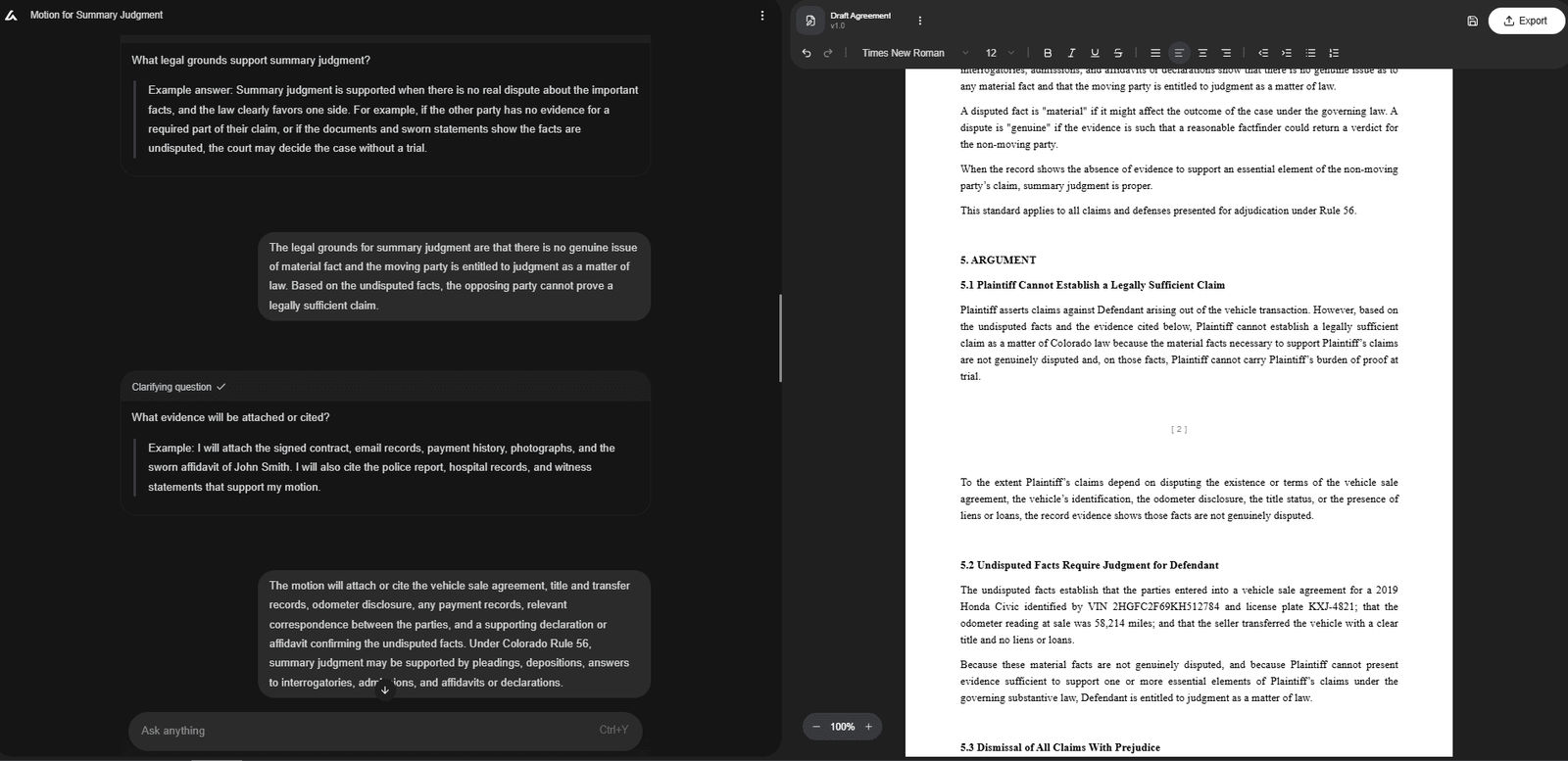 Split-screen interface showing an AI Lawyer drafting tool preparing a motion for summary judgment: the left panel collects grounds and supporting evidence, while the right panel displays a formatted draft arguing that undisputed facts entitle the defendant to judgment as a matter of law.