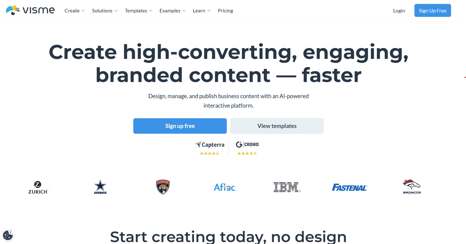 Homepage screenshot of Visme featuring the headline “Create high-converting, engaging, branded content — faster” with buttons to sign up or view templates.