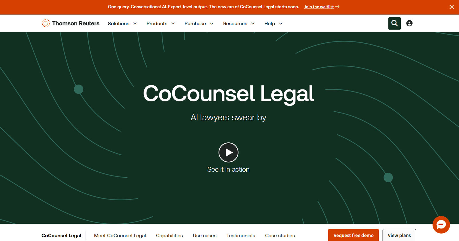 Homepage screenshot of Thomson Reuters CoCounsel Legal featuring the headline “CoCounsel Legal,” a play button to see it in action, and demo and pricing buttons below.