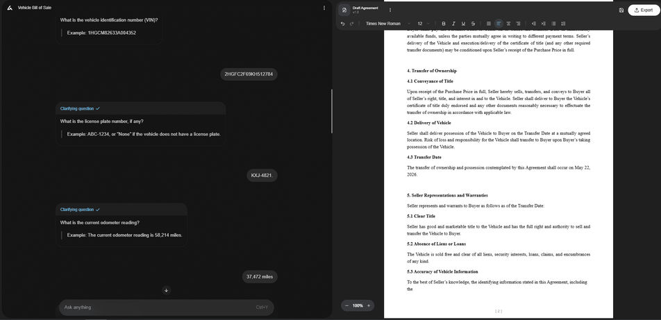 Split-screen interface showing an AI tool collecting vehicle details for a bill of sale, including VIN, license plate number, and odometer reading, while generating the draft agreement on the right.