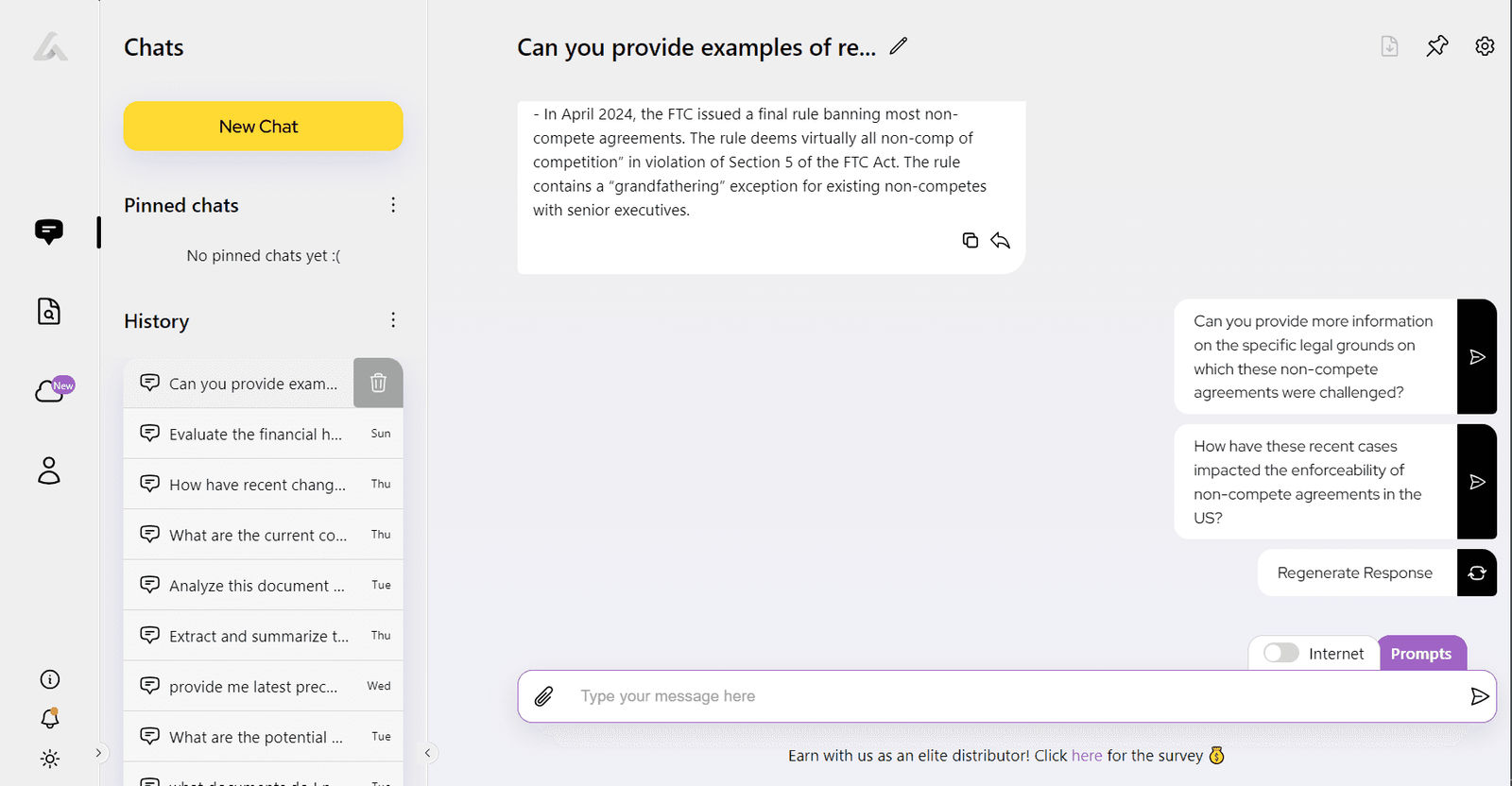 Screenshot of AI Lawyer chat in Internet mode showing a query about recent non-compete cases, AI’s summary answer, and suggested follow-up questions.