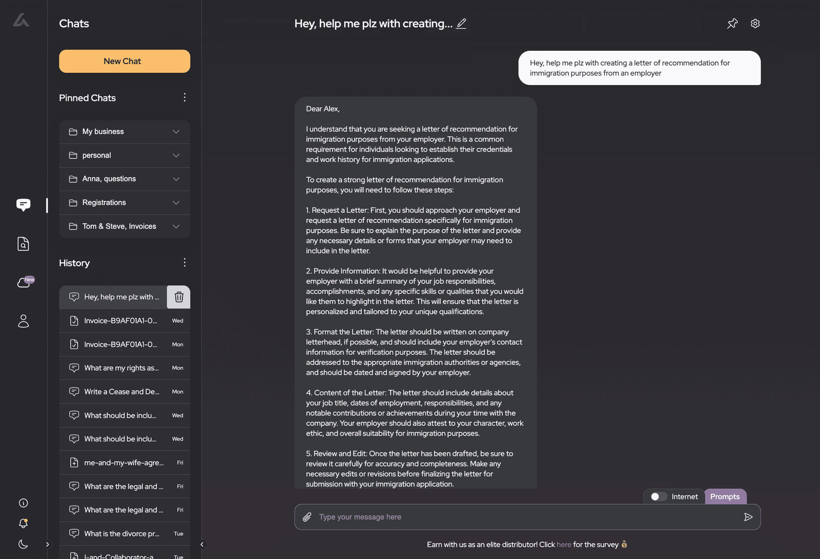 screenshot from the AI Lawyer with recomendation letter for immigration