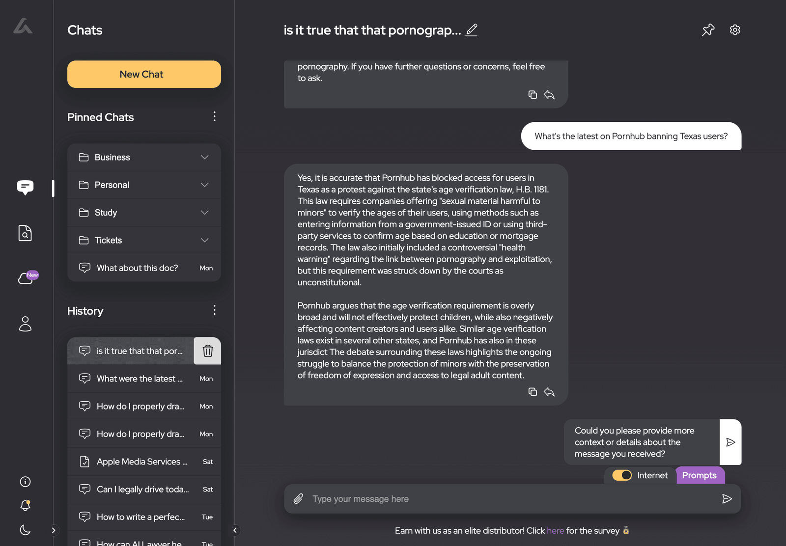 A continuation of the chat interface screenshot showing a query about the latest updates on Pornhub banning Texas users. The response from "AI Lawyer" details the implications of the new Texas age verification law and Pornhub's response to it.