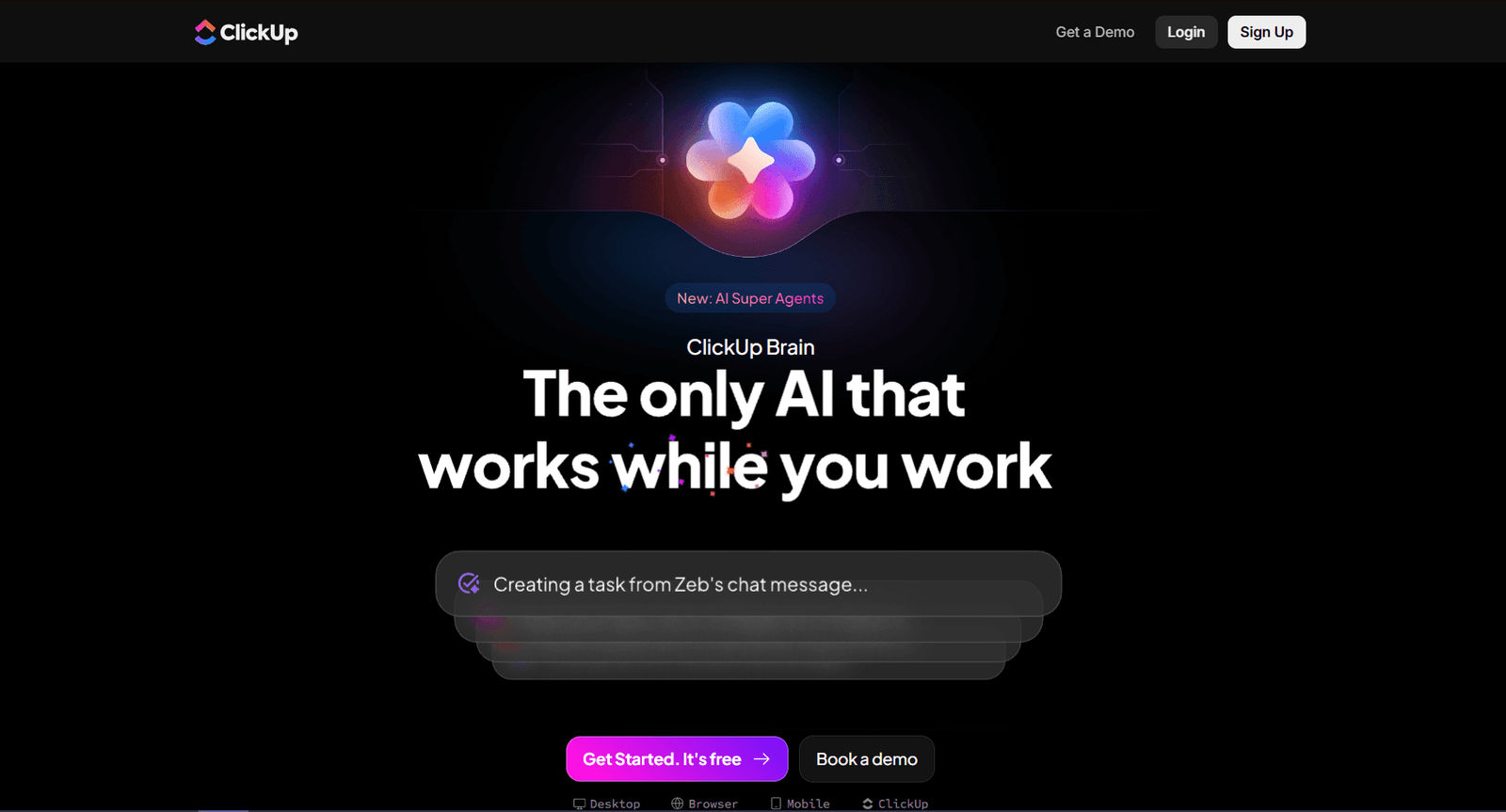 Homepage screenshot of ClickUp Brain featuring the headline “The only AI that works while you work” with buttons to get started or book a demo.