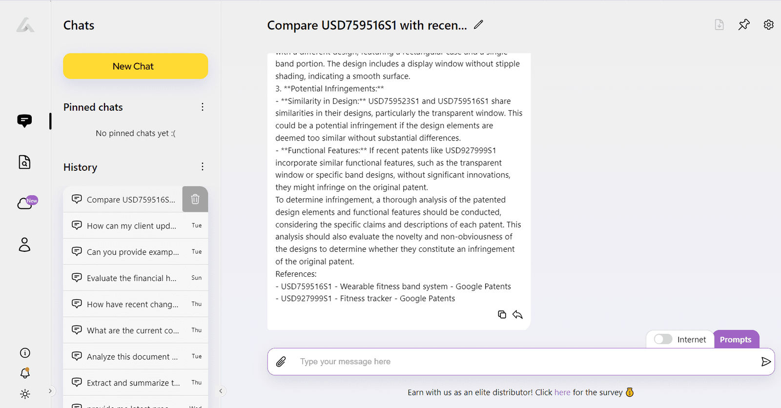 Screenshot of AI Lawyer chat comparing patent USD759516S1 with recent wearable fitness patents, showing analysis of potential infringements and references.