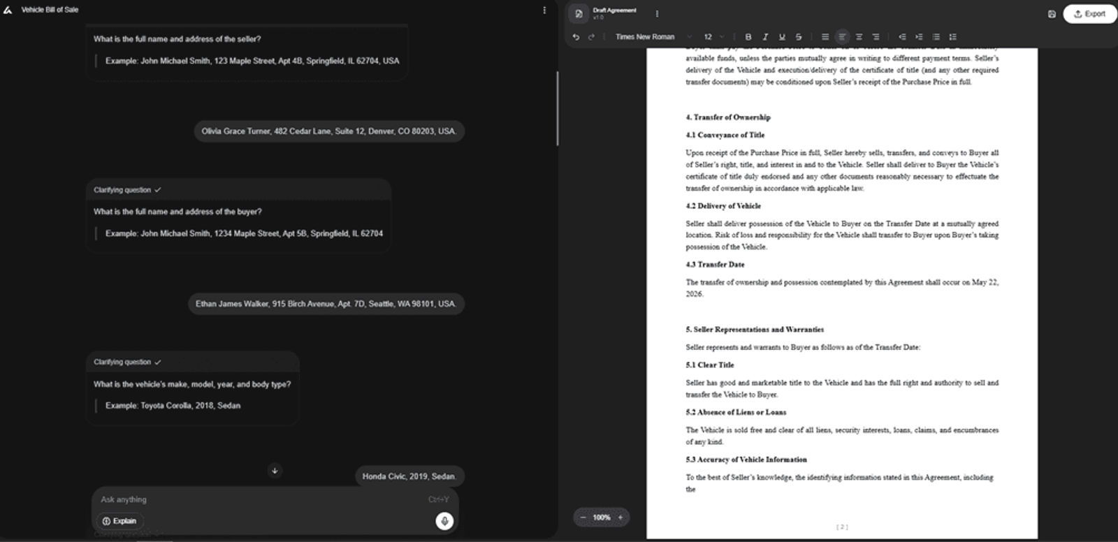 Split-screen interface showing an AI Lawyer collecting seller, buyer, and vehicle details for a vehicle bill of sale while generating the draft agreement on the right.
