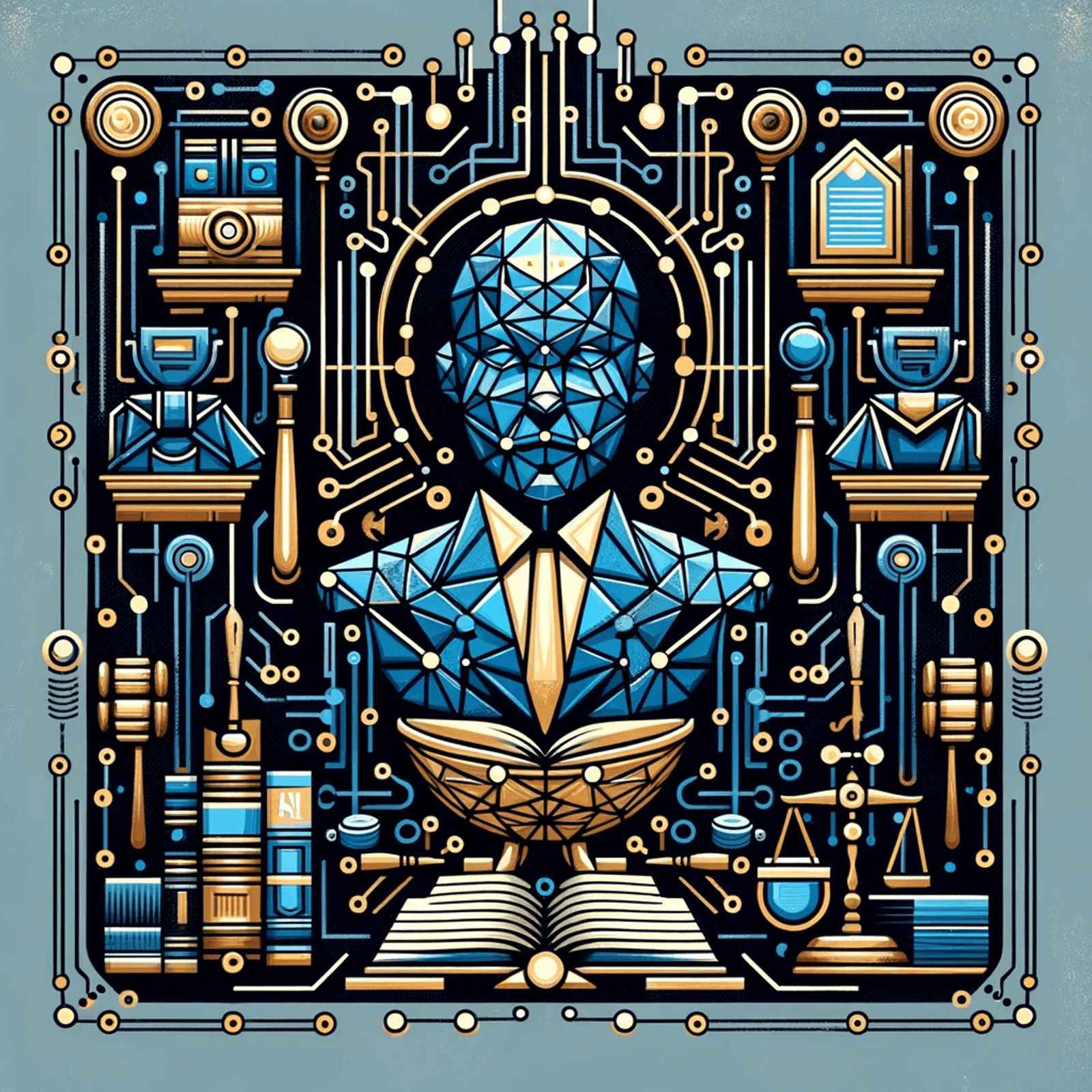 A sophisticated geometric illustration titled 'AI Lawyer: A Game Changer for the Legal Industry'. Central to the composition is a complex geometric figure representing the AI Lawyer, framed by stylized legal symbols including a gavel, scales of justice, and a law book