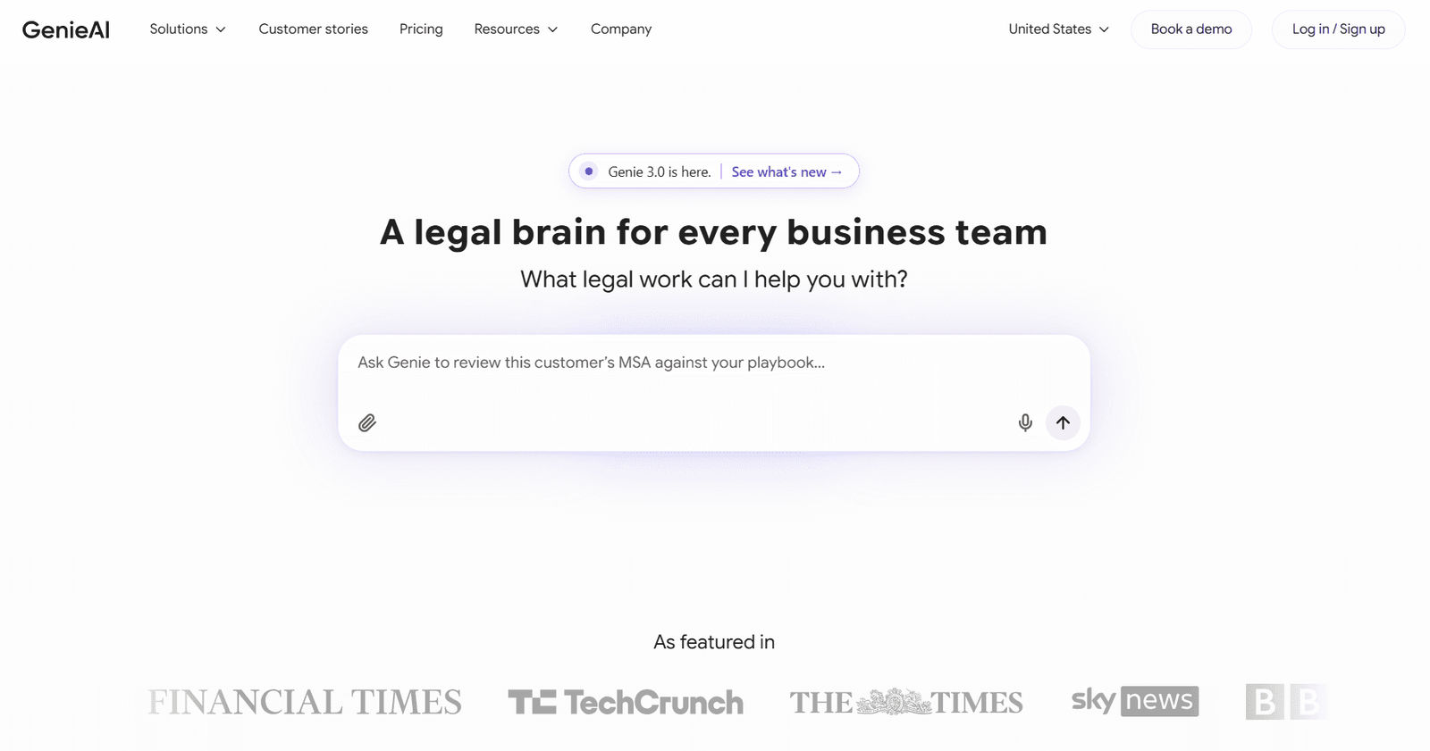 GenieAI homepage featuring the headline “A legal brain for every business team,” with a prompt box for reviewing legal work and media logos below.
