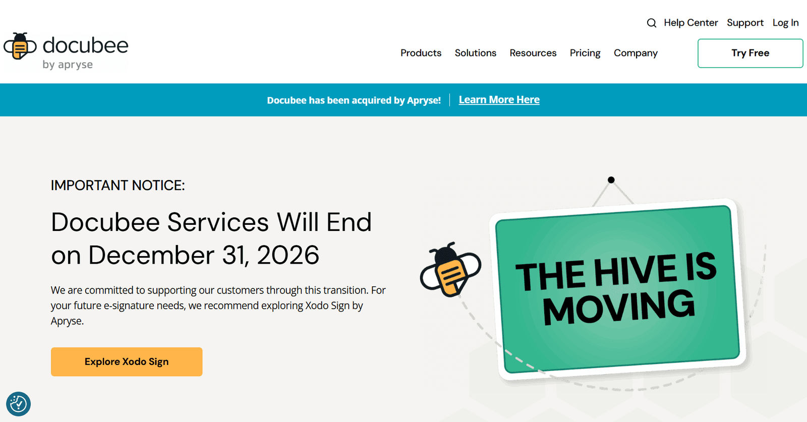Homepage screenshot of Docubee by Apryse announcing that Docubee services will end on December 31, 2026, with a recommendation to explore Xodo Sign.