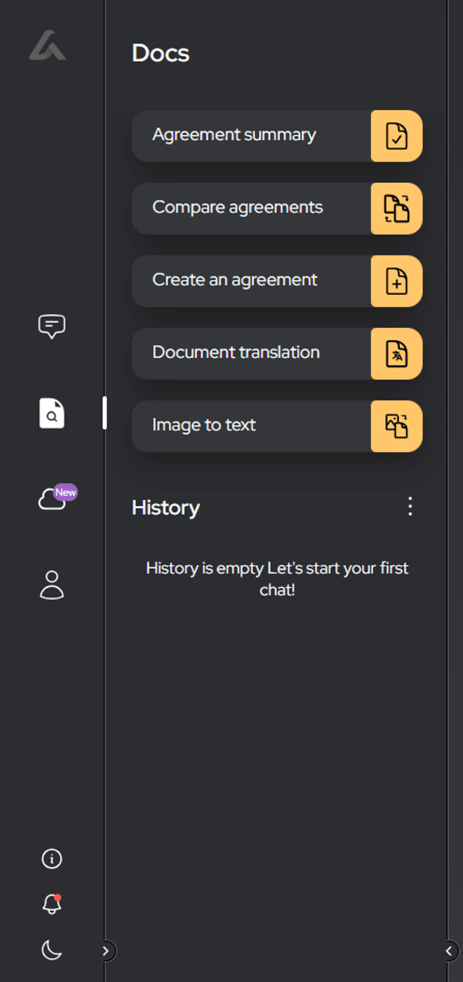 The image shows a user interface, presumably from a legal document management or assistance application, with a dark theme background and a sidebar menu titled "Docs." The menu contains a list of features or services offered by the application, including: