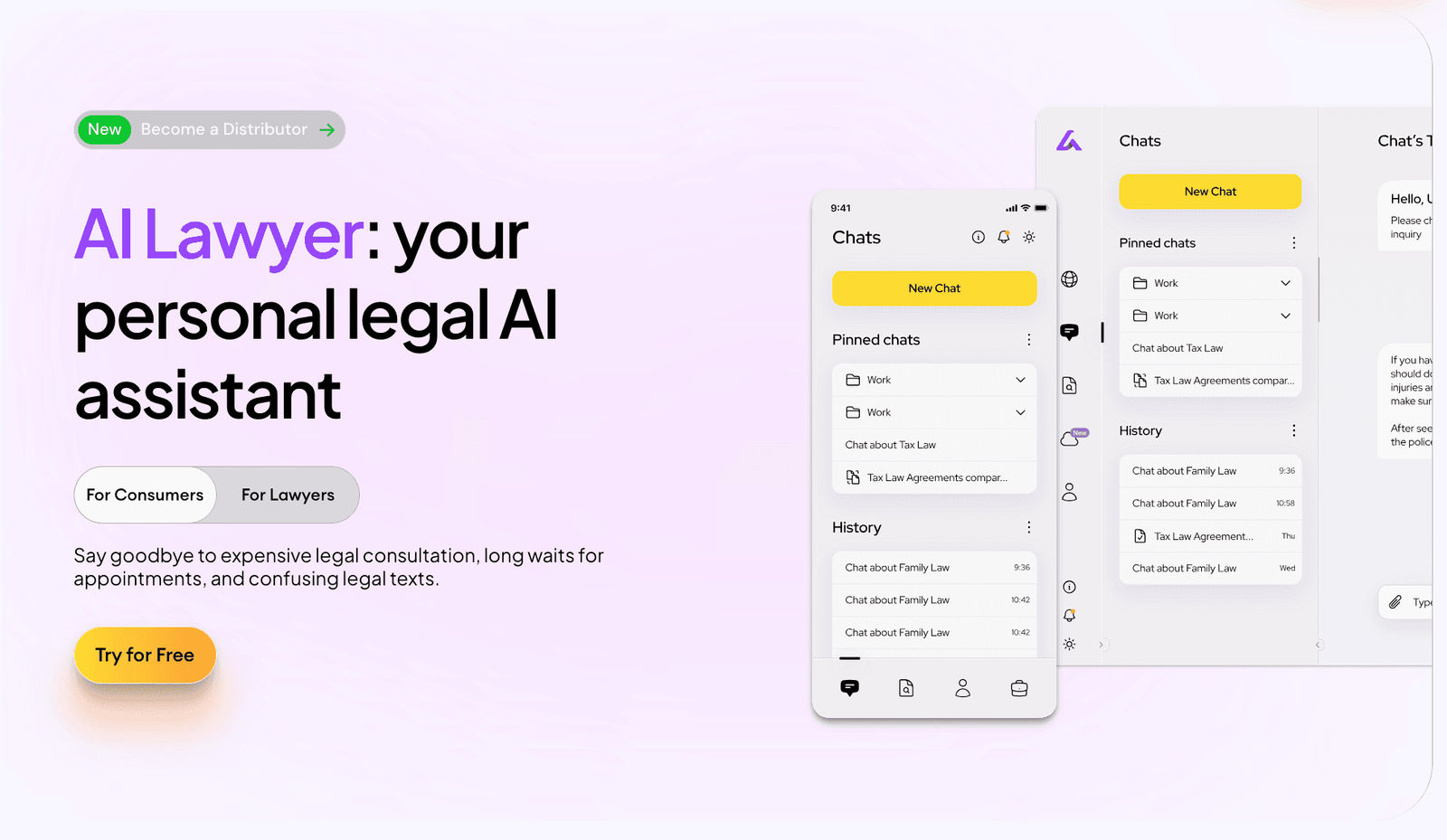 Screenshot of AI Lawyer homepage showing tagline “your personal legal AI assistant”, chat-style interface mockups, and a Try for Free button.