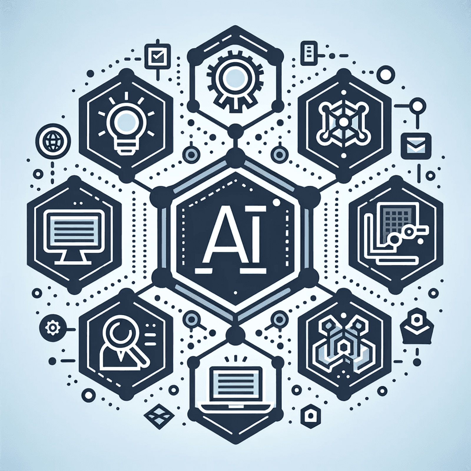 A simplified geometric style illustration for 'How AI is Used in Law Firms', featuring a collage of interconnected hexagons, pentagons, and rectangles. Each shape contains an icon representing different AI applications such as e-discovery, legal research, and case management. 