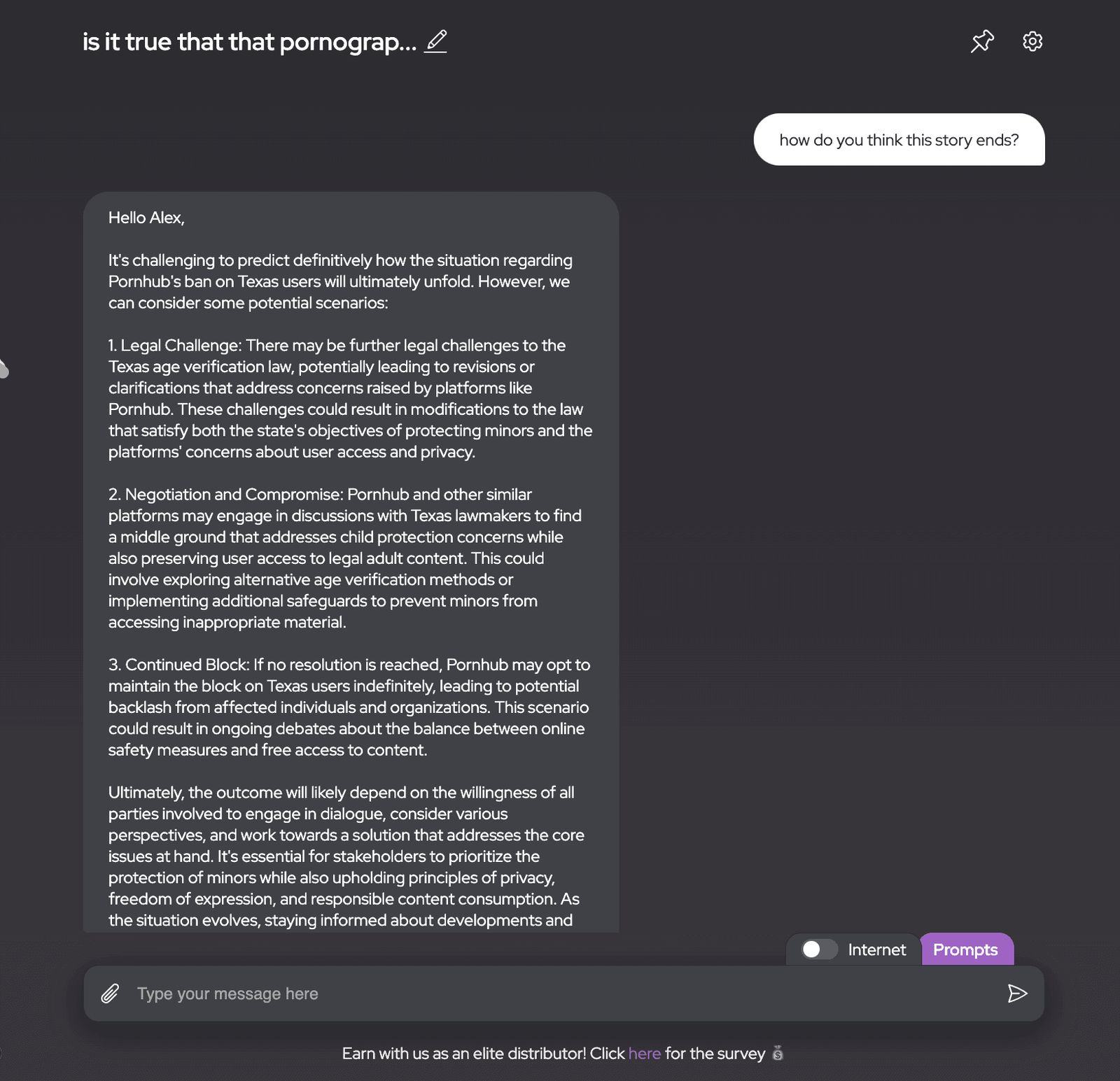A screenshot of a chat interface where "AI Lawyer" is providing a response to the query "how do you think this story ends?" with a detailed explanation of potential outcomes regarding Pornhub's ban on Texas users, including legal challenges, negotiation and compromise, and the possibility of the continued block.