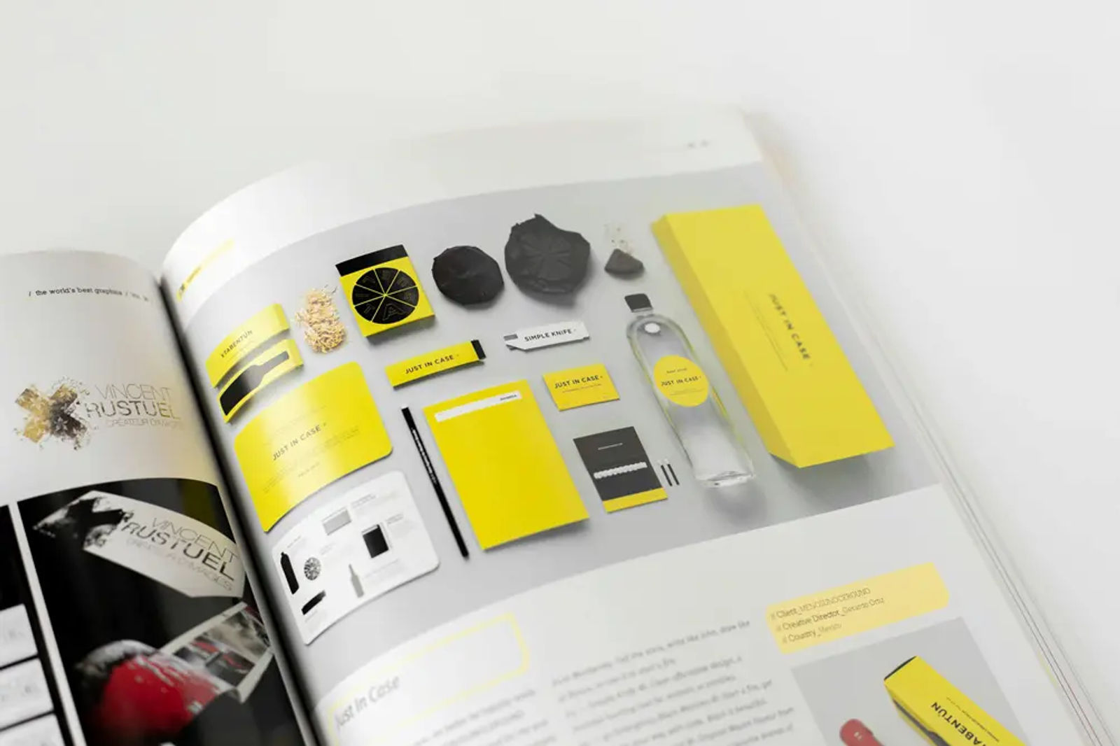 Open magazine showing a brand style guide and yellow packaging mockups.