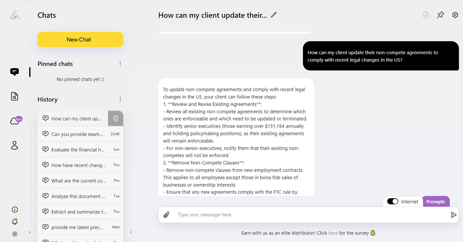 Screenshot of AI Lawyer answering a question on updating non-compete agreements in the US, with Internet mode enabled in the chat interface.