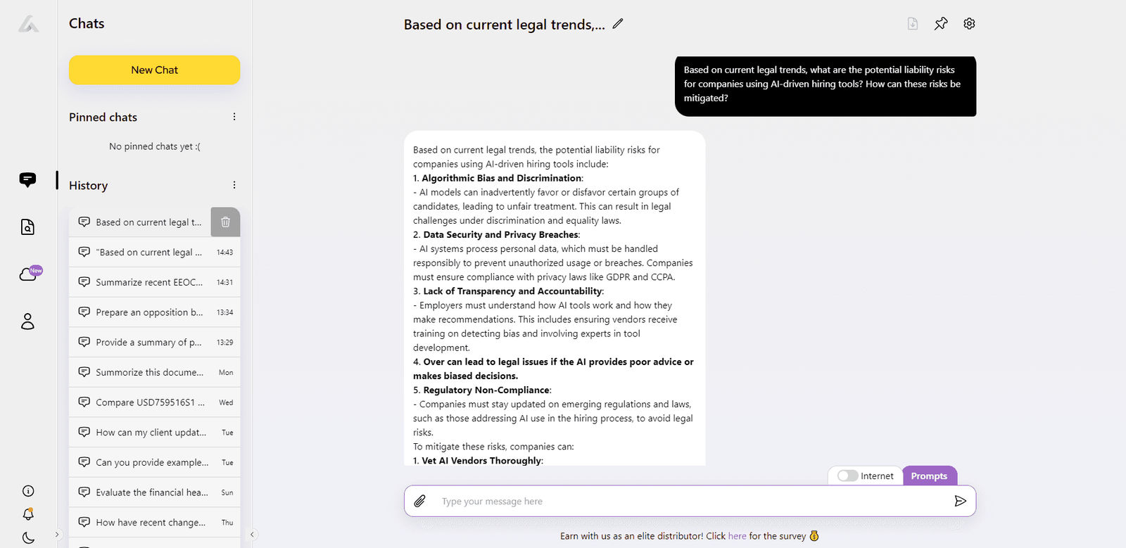 AI Lawyer chat showing answer about liability risks and mitigation for companies using AI-driven hiring tools, used for legal risk assessment.