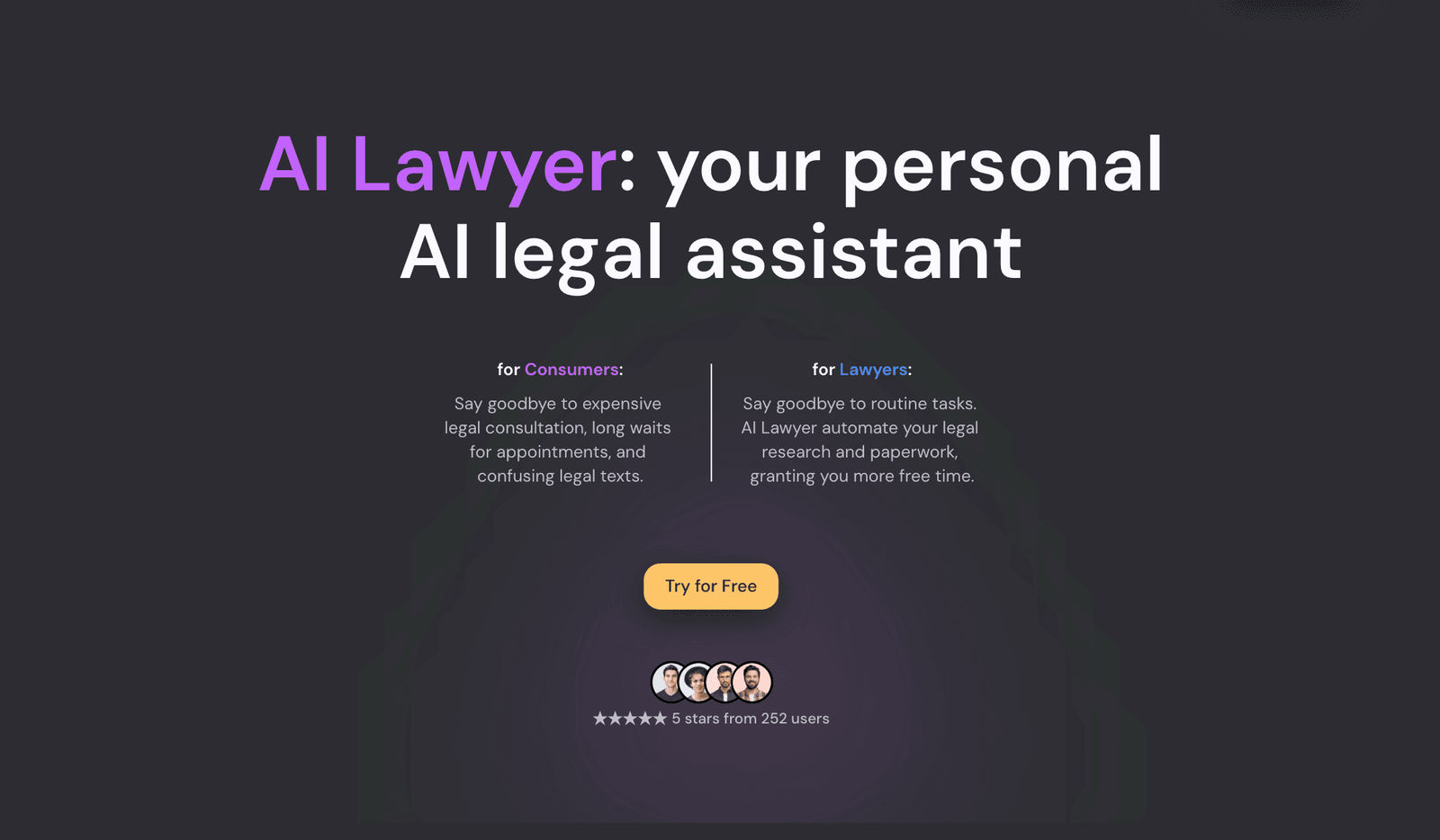 Ai lawyer main site window showing the interface and text reminding that the target audience is also lawyers.