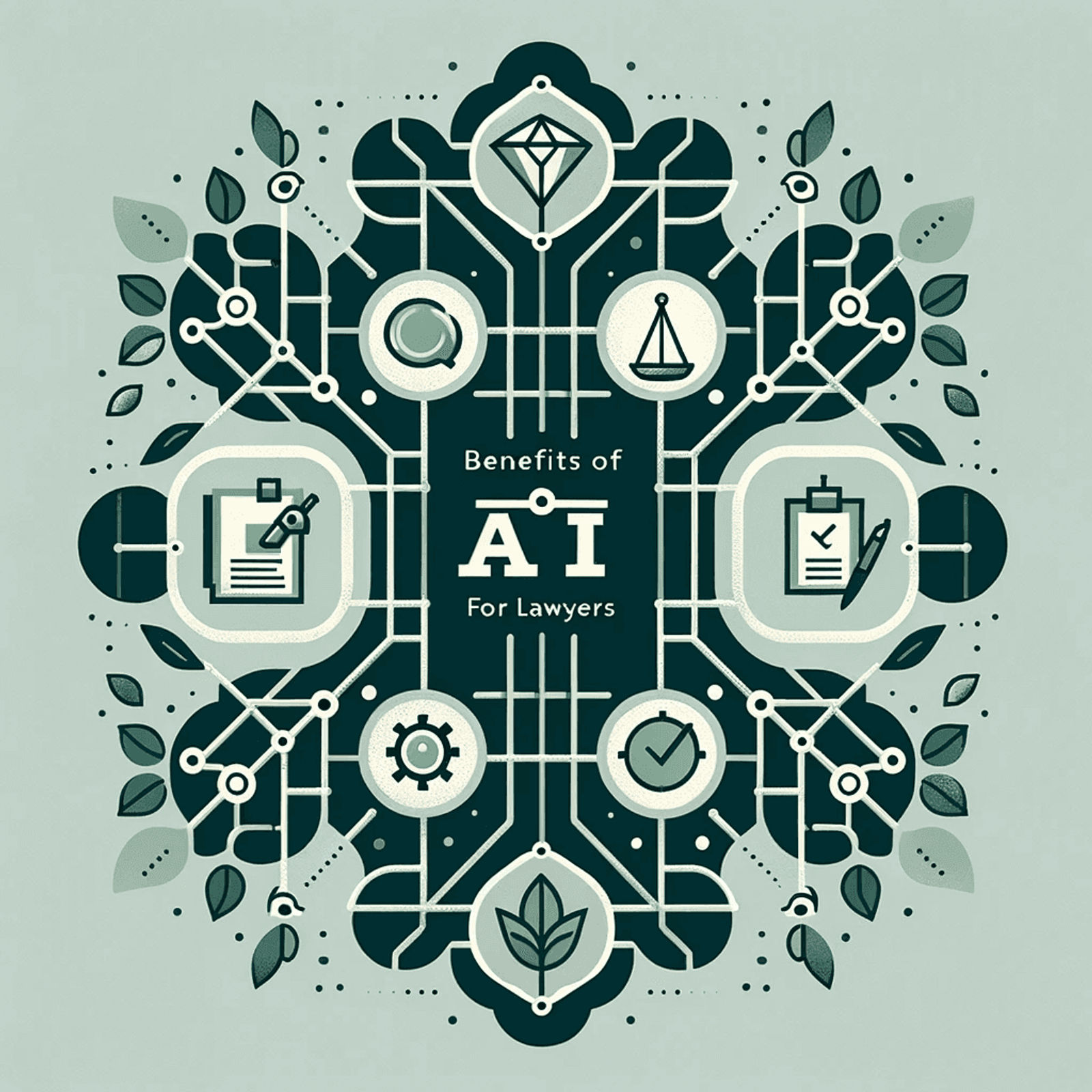 An elegant geometric illustration for 'Benefits of AI for Lawyers', displaying interconnected shapes that symbolize key advantages. A circle with a checkmark represents 'increased efficiency', a diamond with an eye signifies 'improved accuracy', and an octagon with scales denotes 'enhanced access to justice'. 