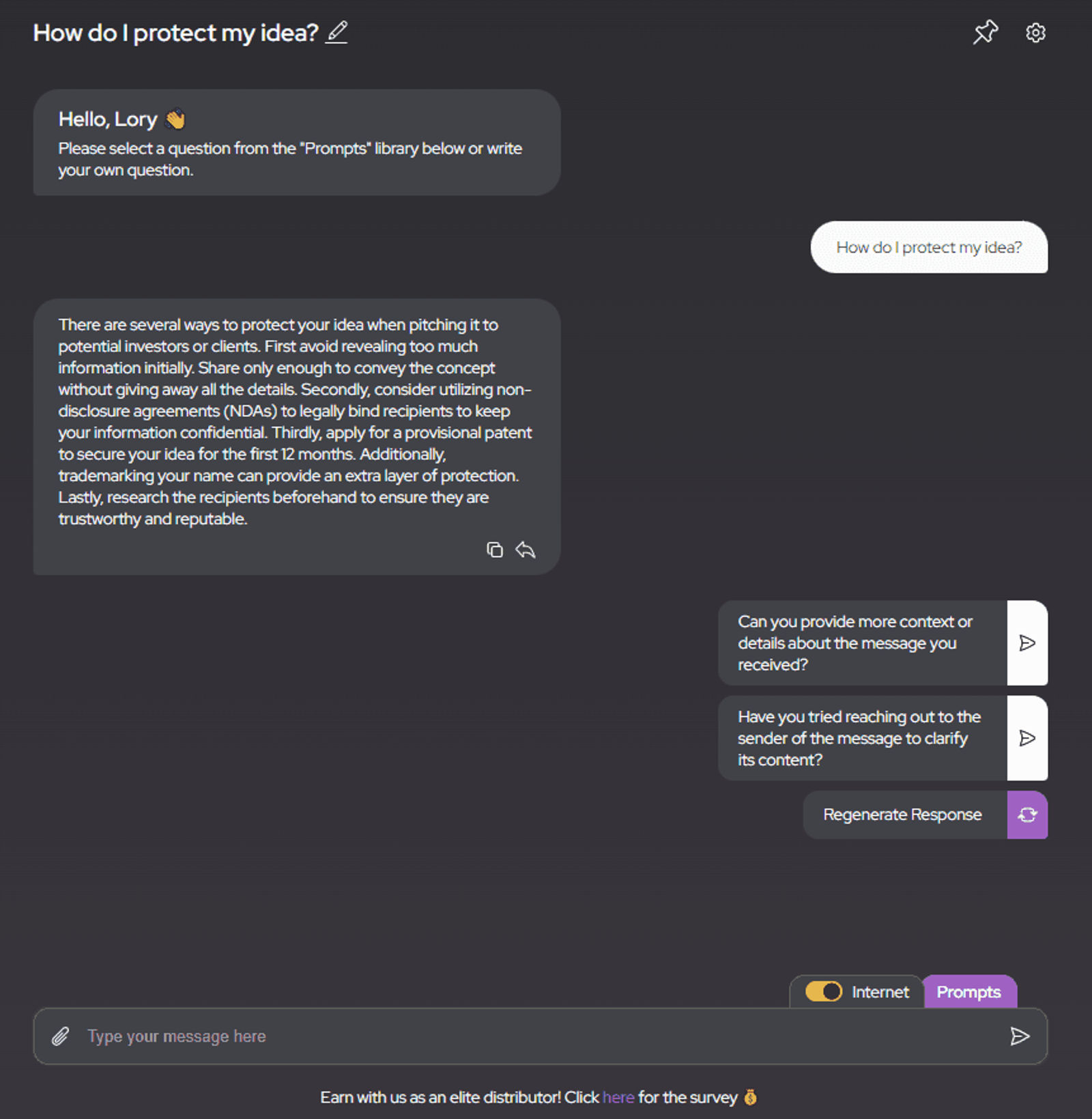 The AI legal assistant interface displays an answer to the question, "How do I protect my idea?" The AI suggests several protection strategies, including limiting initial information disclosure, using non-disclosure agreements, applying for provisional patents, and trademarking, emphasizing the importance of trustworthiness in sharing ideas.