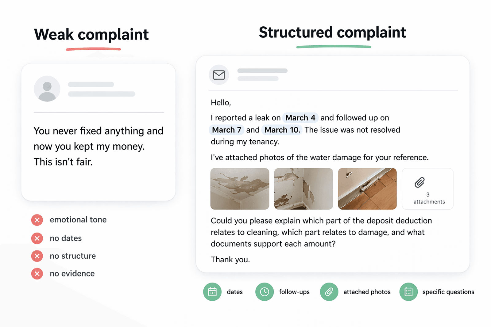 Side-by-side comparison of a weak complaint and a structured complaint with dates, follow-ups, and photo evidence.