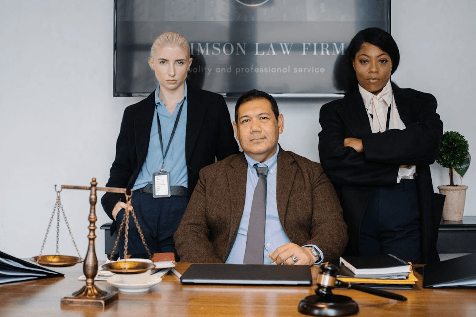 Three lawyers posing in a law office - one seated behind a desk, two standing behind him—with a gavel and balance scales on the table and a firm sign in the background.