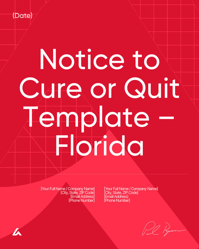 Notice to Cure or Quit: Lease Violation Template – Florida