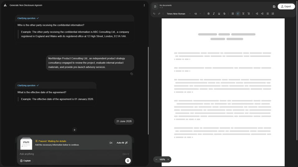 A split-screen view of an AI contract builder generating a non-disclosure agreement, with guided questions on the left and a live document preview on the right. It shows how an NDA draft can be built interactively by collecting key deal details (one-way vs. mutual, purpose, scope) instead of starting from a blank template.