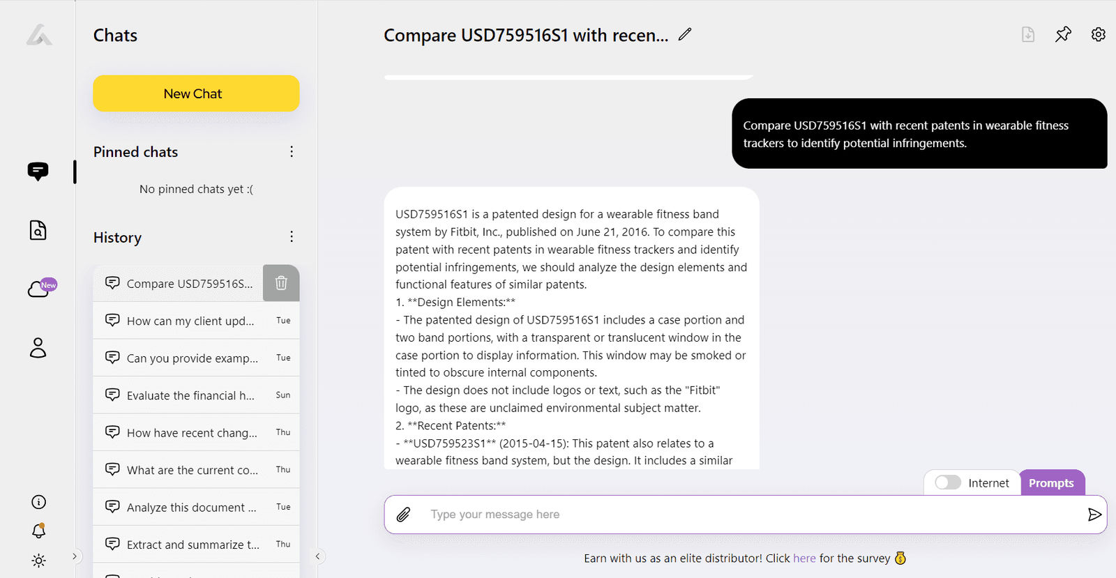 AI Lawyer interface showing a patent comparison chat about USD759516S1, with chat history on the left and Internet/Prompts toggle near the input bar.