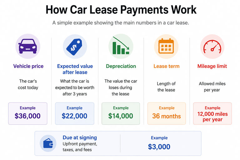 Infographic explaining car lease payments with example amounts for vehicle price, residual value, depreciation, lease term, mileage limit, and due at signing.