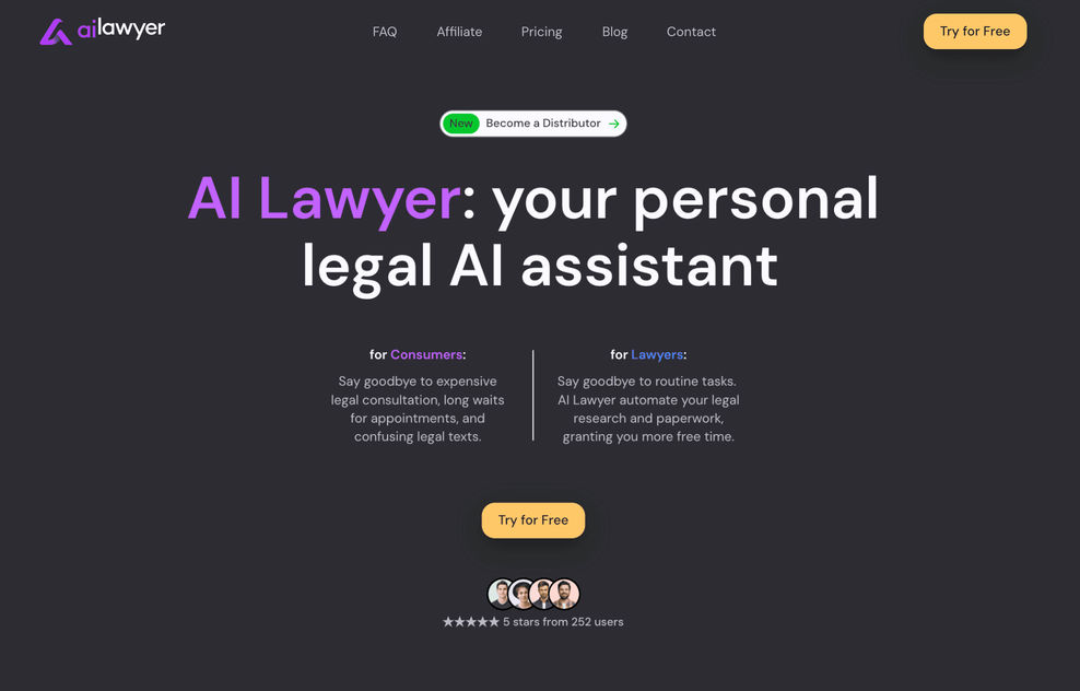 Main page of AI Lawyer landing