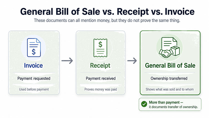 Infographic comparing an invoice, receipt, and general bill of sale.