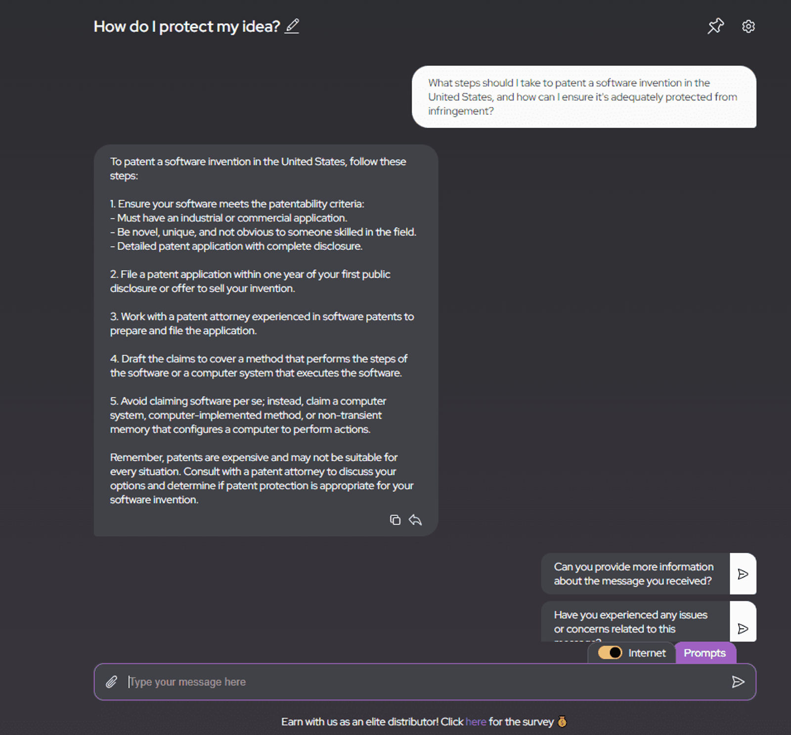 The interface provides a detailed response to a question about patenting a software invention in the United States. The AI outlines steps such as meeting patentability criteria, filing an application promptly, consulting with a patent attorney, drafting claims for a method or computer system, and a reminder about the cost and suitability of patents, suggesting the necessity of professional advice.