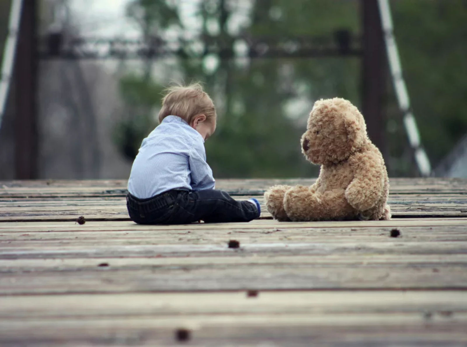 Child custody concept with a toddler sitting next to a teddy bear.