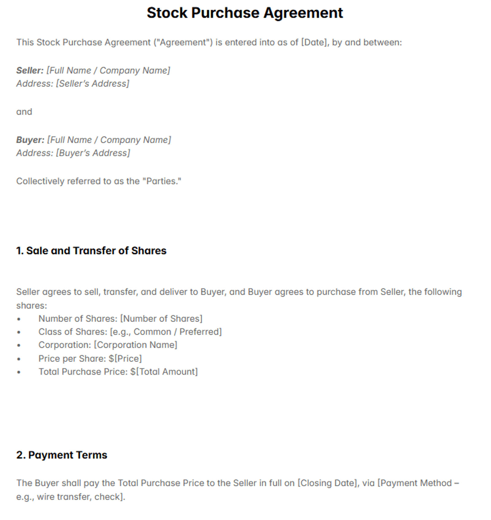 Stock Purchase Agreement Template: Free AI-Powered 2026 Guide