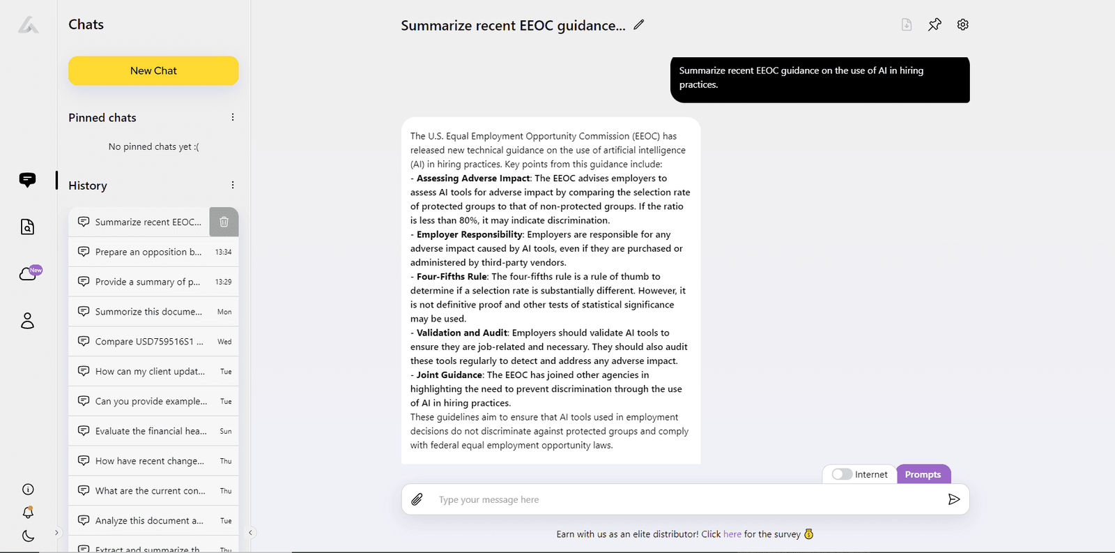 Screenshot of AI Lawyer chat summarizing recent EEOC guidance on using AI in hiring, with the user’s prompt and the detailed answer shown.