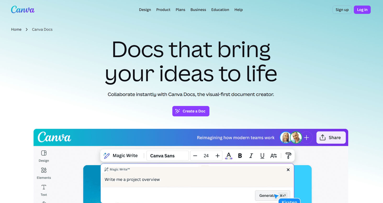 Canva Docs page featuring the headline “Docs that bring your ideas to life,” a “Create a Doc” button, and a visual editor preview with Magic Write.
