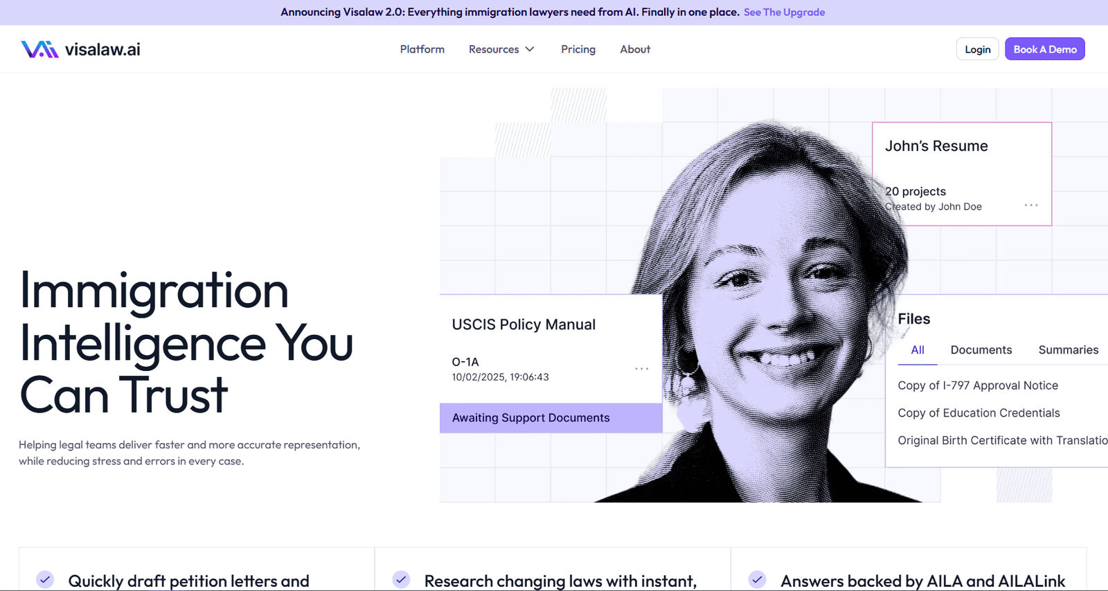 Homepage screenshot of visalaw.ai featuring the headline “Immigration Intelligence You Can Trust,” a large portrait, and interface panels for immigration files and documents.