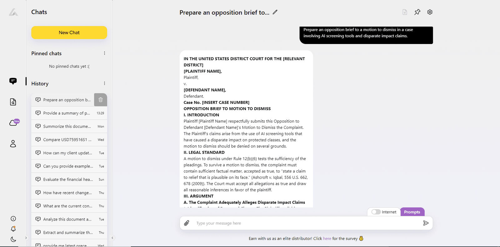 Screenshot of AI Lawyer drafting an opposition brief template in response to a prompt about AI screening tools and disparate impact claims.
