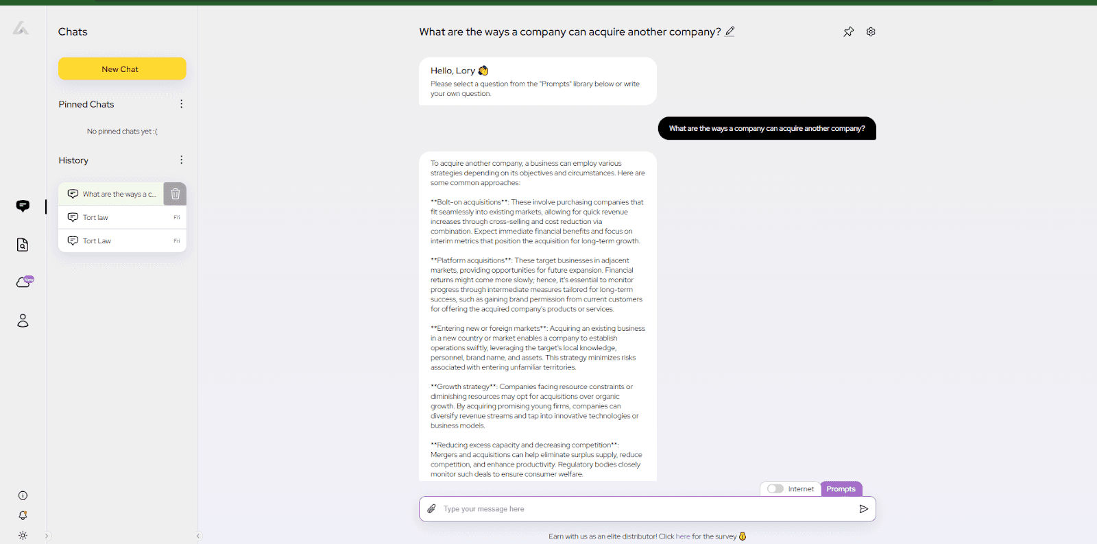 AI Lawyer is a chatbot service that assists users with a range of legal issues.”What are the ways a company can acquire another company?”